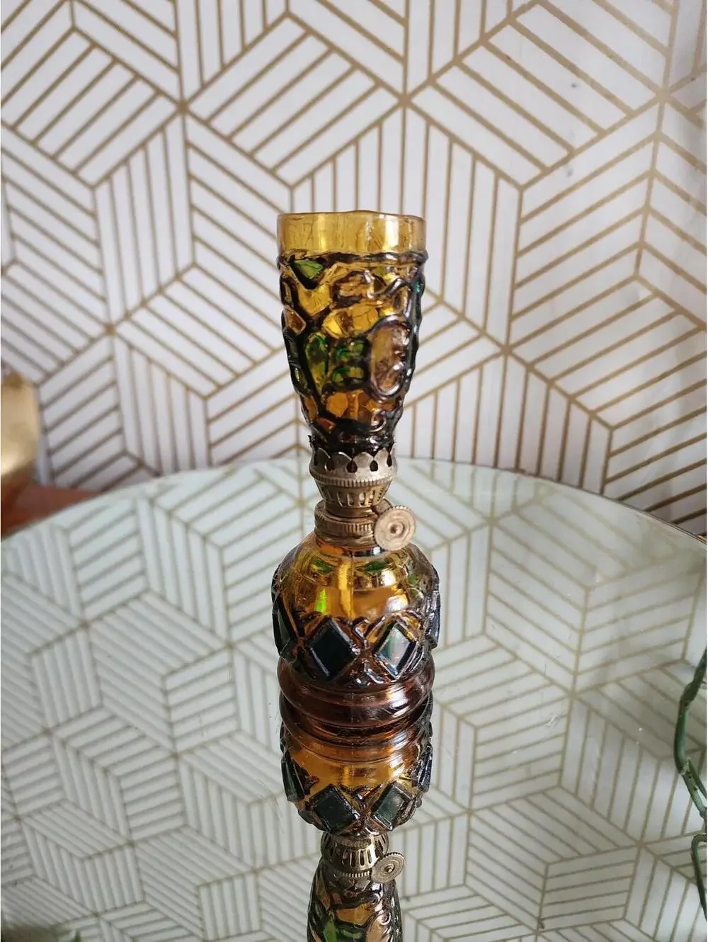 Vintage Faux Stained Glass Amber Small 2pc Oil Lamp - Hong Kong